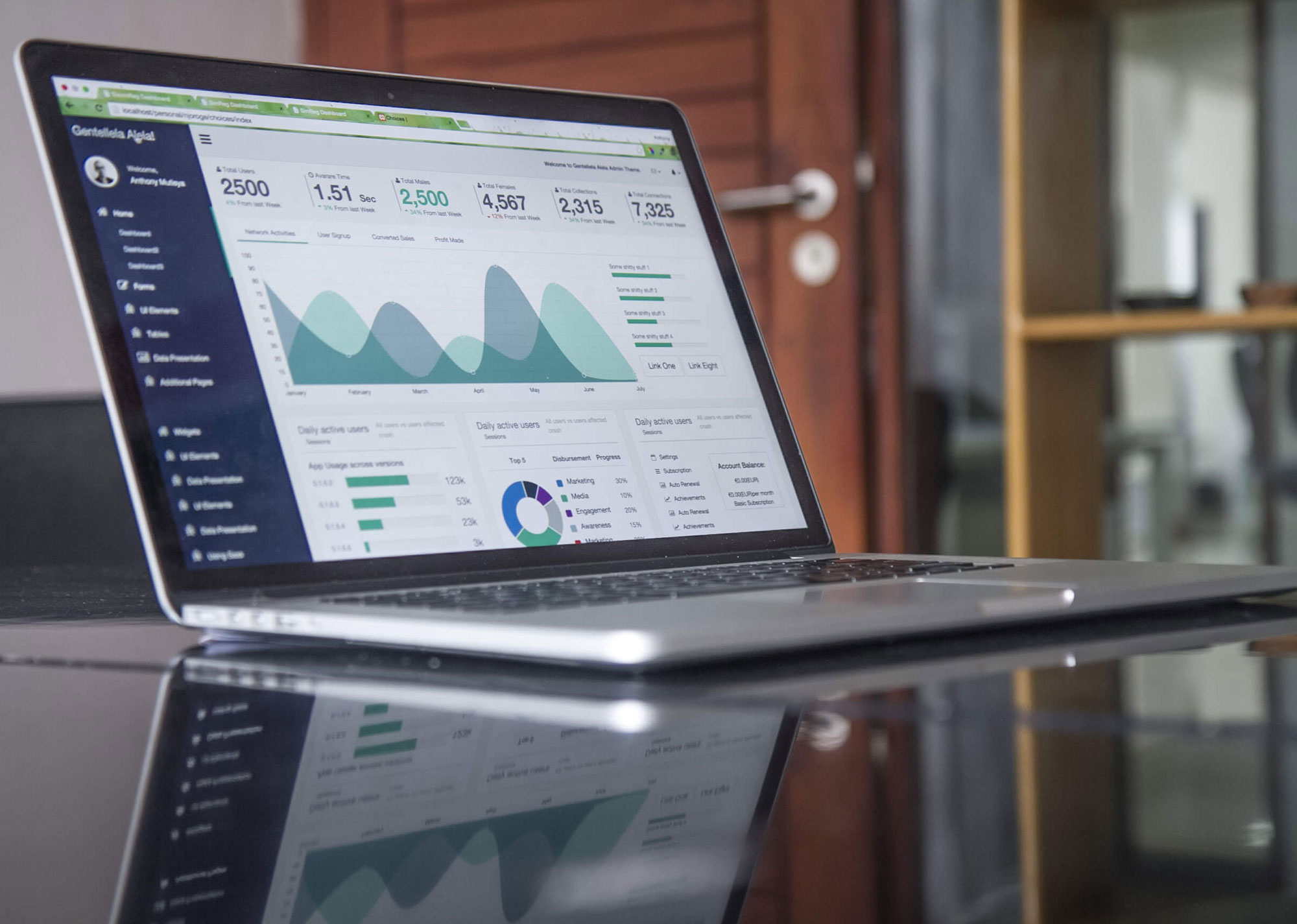 Laptop auf Glastisch in Büro-Ambiente, Bildschirm zeigt Zugangsstatistiken eines Web-Auftritts